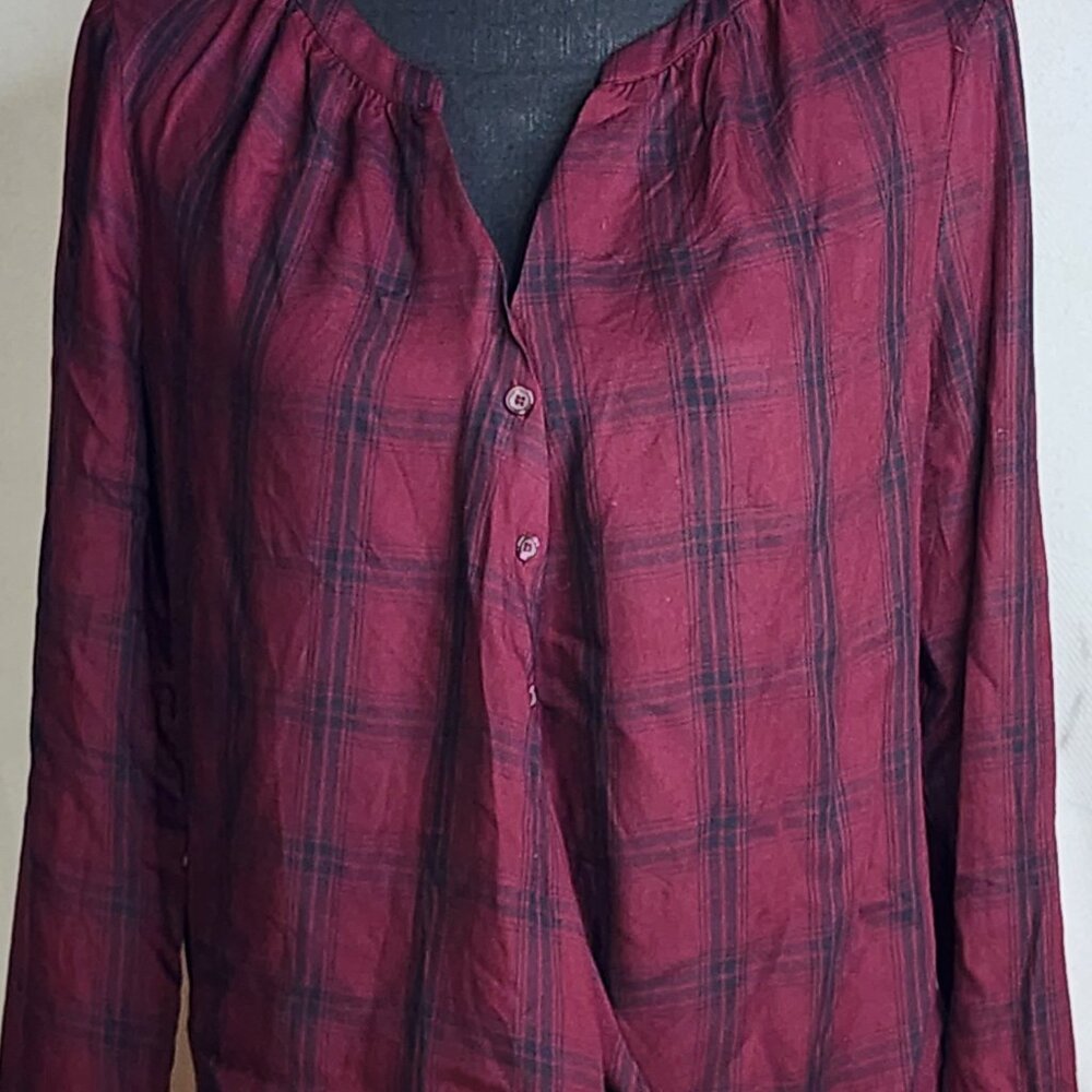 A.N.A. A New Approach Wine Black Plaid Long Tab Sleeve Button Up Faux Wrap Top S - Picture 2 of 16